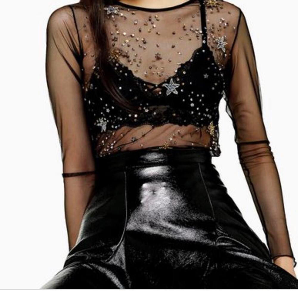 Topshop Celestial Sheer Mesh Top Womens Whimsigoth Star Beaded Black Small
